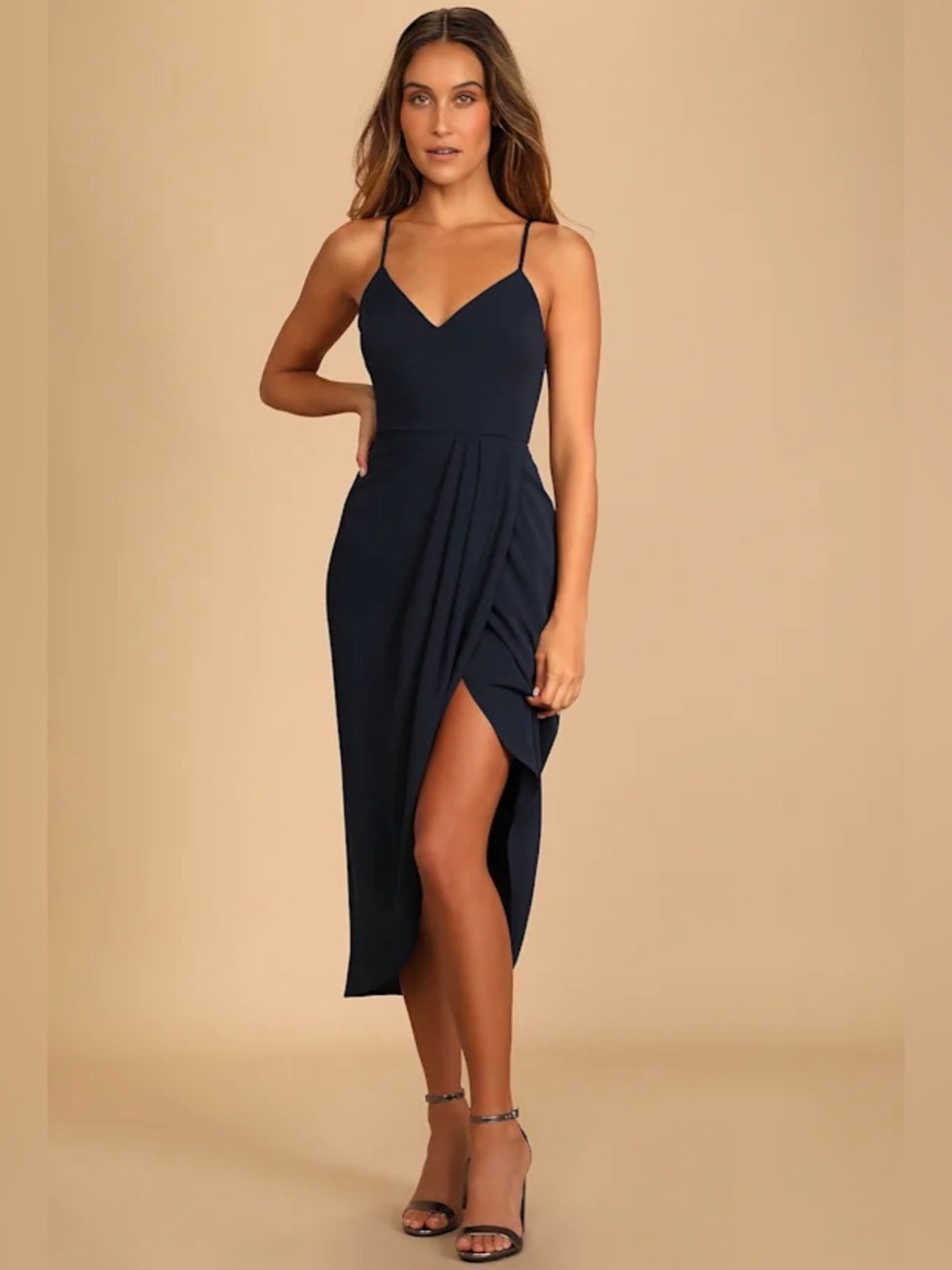 Lulu's Navy Spaghetti-Strap Midi Dress with Draped Front Slit